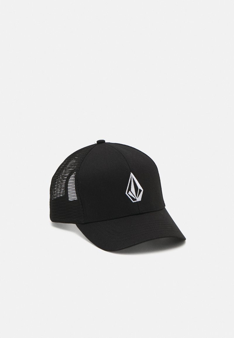 Black baseball cap with a solid front and mesh sides. Features a white geometric logo on the front. Adjustable back strap for fit.