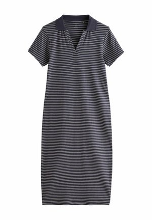 Marineblauw en wit gestreepte polojurk met korte mouwen, een V-hals en een effen marinekleurige kraag. Gemaakt van zachte, ademende stof.