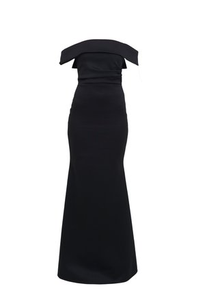 Rochie de seară neagră cu decolteu asimetric, corset ajustat și fustă lungă, evazată. Material neted și lucios, fără modele.