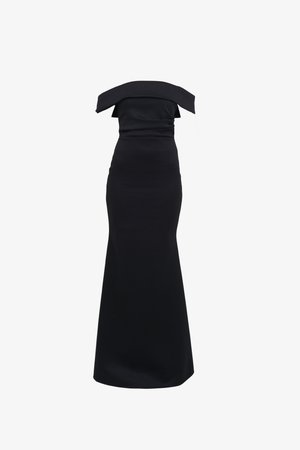 Rochie de seară neagră cu decolteu asimetric, corset ajustat și fustă lungă, evazată. Material neted și lucios, fără modele.