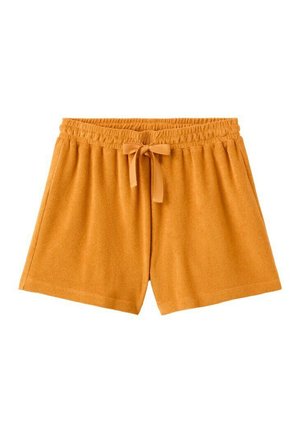 Oranžne kratke hlače iz frotirja z elastičnim pasom in sprednjo pentljo, zasnovane za priložnostno nošenje.