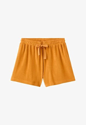 Oranžne kratke hlače iz frotirja z elastičnim pasom in sprednjo pentljo, zasnovane za priložnostno nošenje.