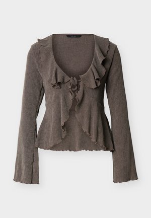 Brauner, strukturierter Langarm-Cardigan mit gerafftem Kragen, vorderer Bindeschleife und welligen Kanten an Ärmeln und Saum.