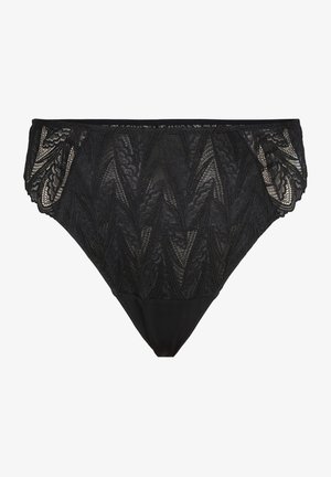 Culotte in pizzo nero con un dettagliato motivo a chevron. Vita elastica, lati in pizzo semitrasparente e tessuto opaco sul retro.