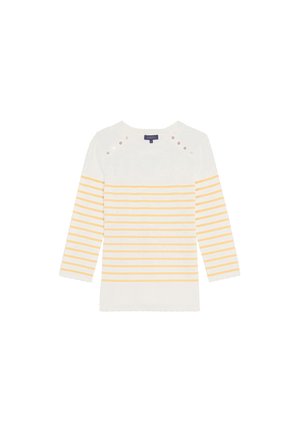 Maglietta bianca a maniche lunghe con righe orizzontali gialle, con dettagli decorativi sulla spalla. Tessuto morbido, design casual.