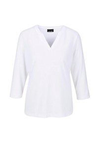 Weißes V-Ausschnitt-Oberteil mit Dreiviertelärmeln, gefertigt aus weichem Baumwollstoff. Bietet einen entspannten Schnitt und ein minimalistisches Design.