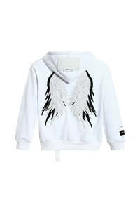 Sudadera con capucha blanca con alas de ángel bordadas en blanco y negro en la espalda, puños acanalados y etiqueta "MWM Design" en la capucha.