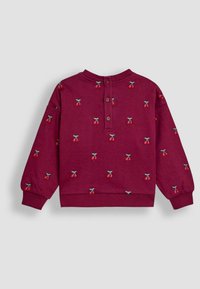 Bordeauxrot sweatshirt mit gestickten Kirschmustern, langen Ärmeln, gerippten Bündchen und Saum sowie einem Knopfverschluss am hinteren Hals.