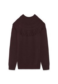 Maglione a maglia borgogna con collo alto a costine, con dettagli testurizzati intorno alle spalle e maniche lunghe. Finitura del tessuto liscia.