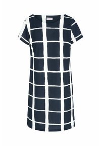 Námořnické modré šaty s bílým mřížkovaným vzorem, krátké rukávy, kulatý výstřih a rovný střih. Vyrobeno z lehkého materiálu.