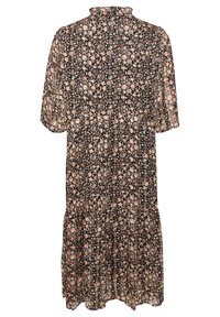 Blumenmusterkleid in Schwarz mit kurzen Ärmeln, hohem Kragen und gestuftem Saum. Verziert mit pinken und cremefarbenen Blumen auf einem strukturierten Stoff.