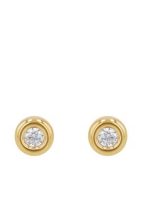 Guldtonade studs med en cirkulär design och en klar, rund ädelstenscentrum, polerad yta och slät текстur.