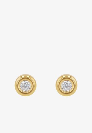 Ohrringe mit goldfarbener Beschichtung, die ein rundes Design mit einem klaren, runden Edelsteingr Zentrum, polierter Oberfläche und glatter Textur aufweisen.