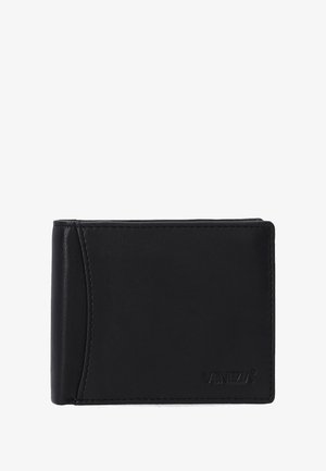 Schwarze Lederbörse mit glatter Textur, im Zweiseiten-Design, geprägtem Logo und kontrastierenden Nähten. Verfügt über mehrere Kartenfächer und -fächer.