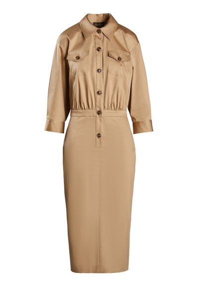 Khaki shirt dress with long sleeves, button front, two chest pockets, cinched waist, and straight midi-length skirt. Smooth, lightweight fabric.