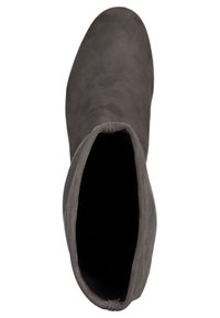 Gray suede ankle boot with a smooth texture, tapered shape, and elastic side panels for ease of wear. Interior is dark and untextured.