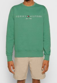 Man in een groene Tommy Hilfiger sweatshirt met logo en beige shorts, staande tegen een effen lichte achtergrond.