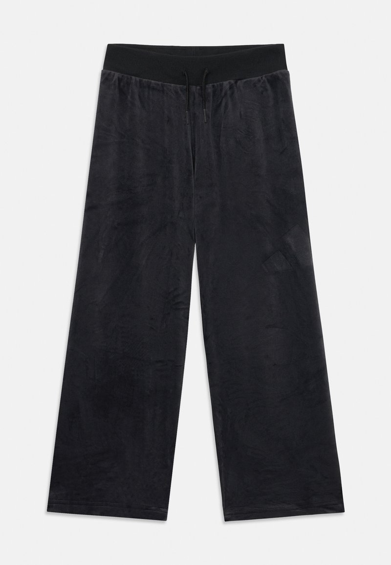 Zwarte wijde broek van textiel, met een elastische tailleband en trekkoord. Eenvoudig ontwerp zonder zichtbare patronen.
