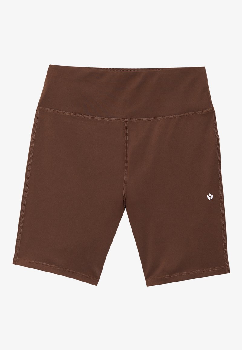 Brown athletic shorts with a high waist, sleek design, smooth texture, and a small white logo on the lower front left side.