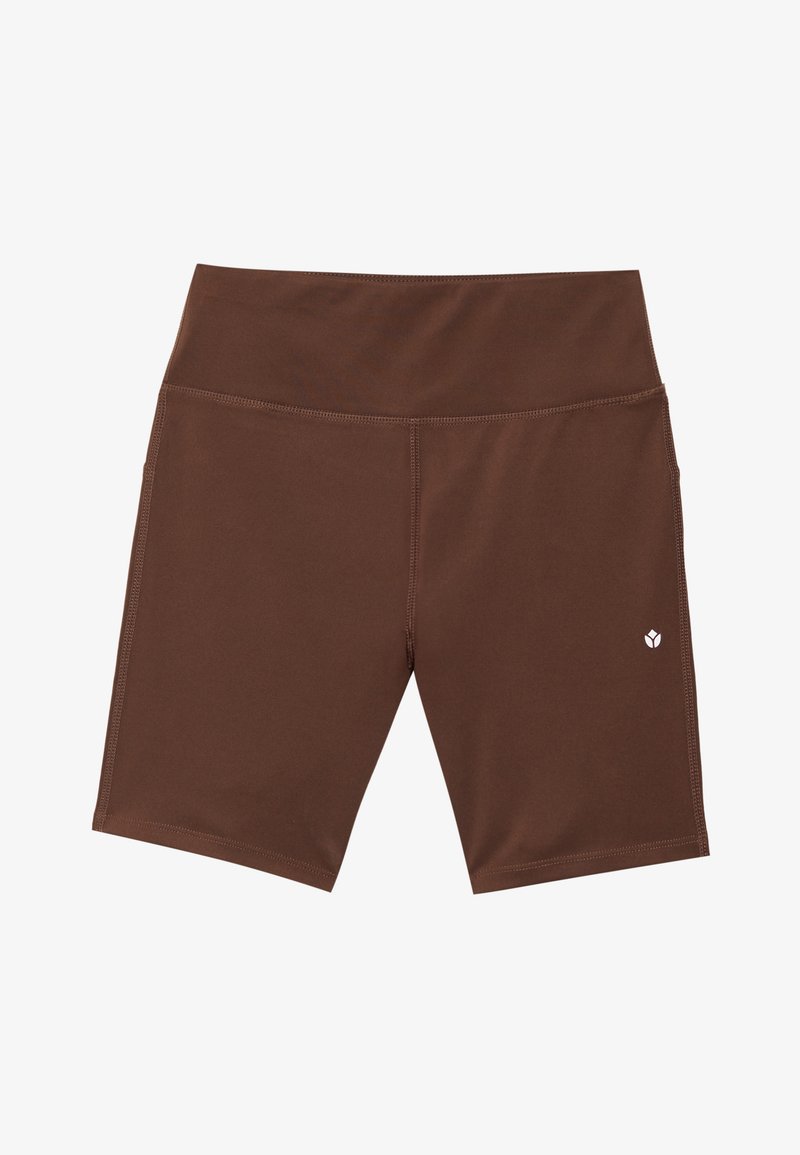 Brown athletic shorts with a high waist, sleek design, smooth texture, and a small white logo on the lower front left side.