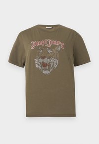 Olivengrønn bomull T-skjorte med korte ermer som har et glitrende rhinstein tiger grafikk og "Joop! Jeans" i rød tekst ovenfor.