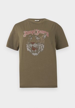 Olive green cotton T-shirt with short sleeves featuring a sparkling rhinestone tiger graphic and “Joop! Jeans” in red text above.
