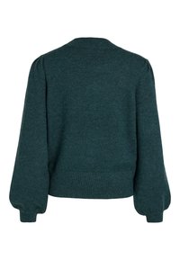 Pull tricoté vert foncé à manches longues avec manches bouffantes et poignets et ourlet côtelés, présenté de dos sur fond blanc.