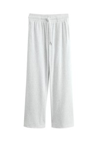 Light grey, cotton blend cropped pants with an elastic waistband and adjustable drawstring, featuring a textured ribbed pattern.
