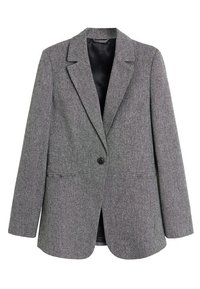 Blazer gris en tissu texturé, avec une fermeture à un bouton, un col cranté et deux poches latérales, doublé d'une doublure intérieure lisse.
