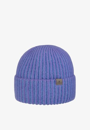 Purple ribbed knit beanie with folded cuff and small rectangular brand label on the cuff's front side.