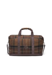 Ruda plaid stiliaus kelioninė kuprinė, pagaminta iš vilnos, su odinėmis rankenomis ir akcentais, priekyje yra siuvinėtas logotipas.