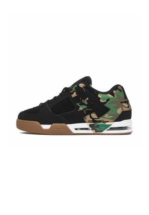 Black low-top sneaker with green and brown camouflage accents, star logo, tan sole, and visible air cushion in the heel.
