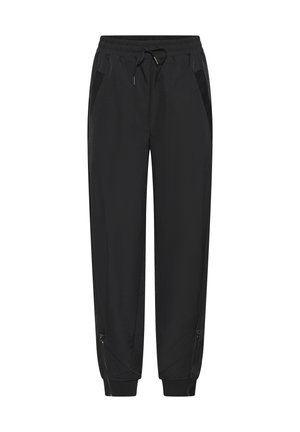 Pantaloni jogger ușori, negri, cu talie elastică, șnur, buzunare laterale, mansete cu fermoar și tivuri ribbate.