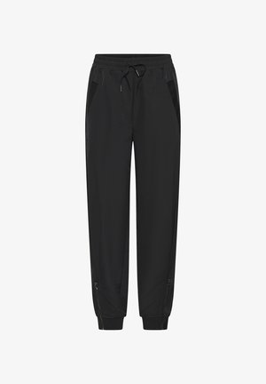 Pantaloni jogger ușori, negri, cu talie elastică, șnur, buzunare laterale, mansete cu fermoar și tivuri ribbate.