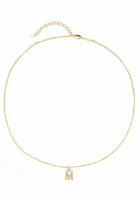 Goldkette mit einem filigranen Design, kleinen runden Akzenten und einem auffälligen „M“-Anhänger, der mit Strasssteinen verziert ist. Verstellbare Länge.