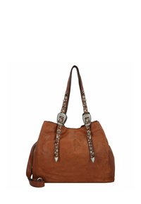 Sac à main en cuir marron avec quincaillerie en ton argent, avec des sangles cloutées et une forme structurée. Comprend une bandoulière amovible.