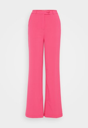 Pink wide-leg trousers with a smooth fabric, featuring a front button closure and two side pockets, tapered at the bottom for a flared look.