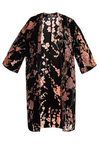 Black kimono-style garment featuring a floral pattern with pink blossoms, made from soft fabric, with three-quarter sleeves and open front.
