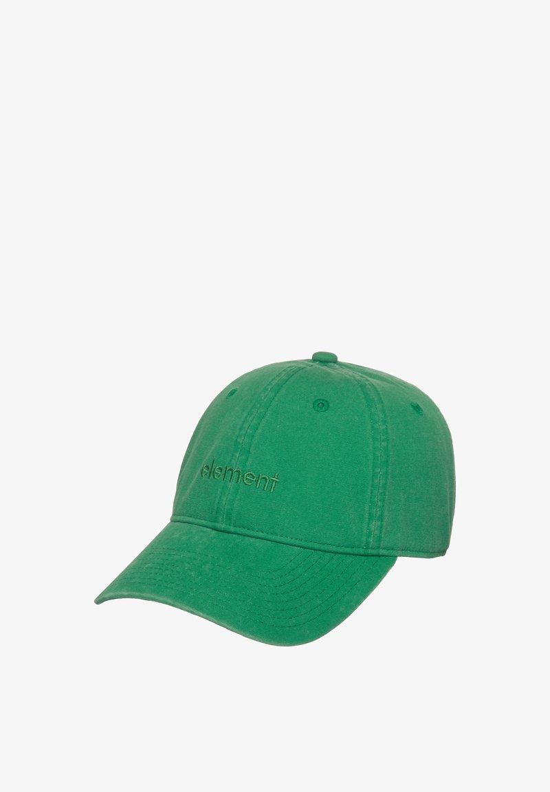 Groene baseballpet met geborduurd "element"-logo op de voorkant en ventilatieoogjes op de bovenste panelen.