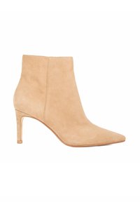Beige suede ankle boot with a pointed toe and slim stiletto heel. Smooth texture and minimal stitching detail.