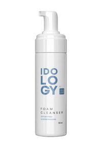 Biała cylindryczna butelka z pompką, oznaczona napisem "IDOLOGY FOAM CLEANSER" w niebieskim kolorze. Pojemność 150 ml, zaprojektowana do detoksykacji i rewitalizacji.