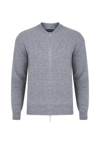 Szary dzianinowy kardigan z okrągłym dekoltem i pełnym zamkiem błyskawicznym. Posiada długie rękawy, ribbowane mankiety i dół oraz gładką fakturę.