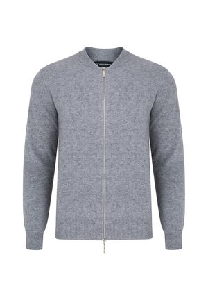 Szary dzianinowy kardigan z okrągłym dekoltem i pełnym zamkiem błyskawicznym. Posiada długie rękawy, ribbowane mankiety i dół oraz gładką fakturę.