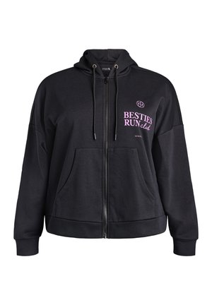 Sort lynlåshoodie med forlommer, snørehætte og lyserød "Besties Run Club" tekstlogo på venstre bryst.
