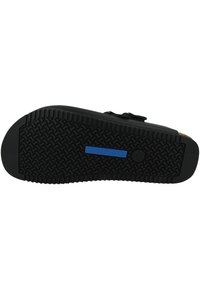 Black rubber sole with a textured pattern and blue brand logo. Flat design, rounded shape, featuring grooves for traction.