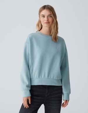 Sweatshirt bleu clair avec un col rond, ourlet et poignets côtelés, et un petit logo en forme de cœur sur la poitrine. Texture douce et coupe décontractée.