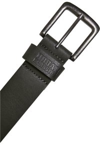 Black leather belt with a textured finish, featuring a rectangular metallic buckle and debossed "URBAN CLASSIC" logo on the strap.