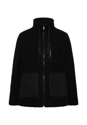 Zwarte fleecejack met een hoge kraag, voorzien van twee grote voorke pockets, ritssluiting aan de voorkant en een gestructureerde stof met gladde accenten.