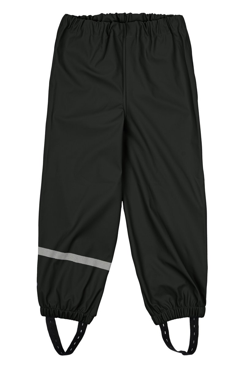 Schwarze wasserdichte Hosen mit elastischem Bund, verstellbaren Schulterträgern und einem reflektierenden silbernen Streifen am unteren Ende jedes Beins.