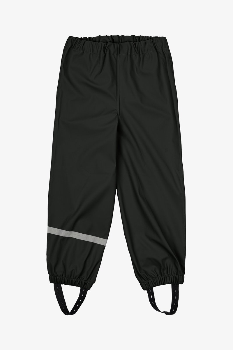 Schwarze wasserdichte Hosen mit elastischem Bund, verstellbaren Schulterträgern und einem reflektierenden silbernen Streifen am unteren Ende jedes Beins.